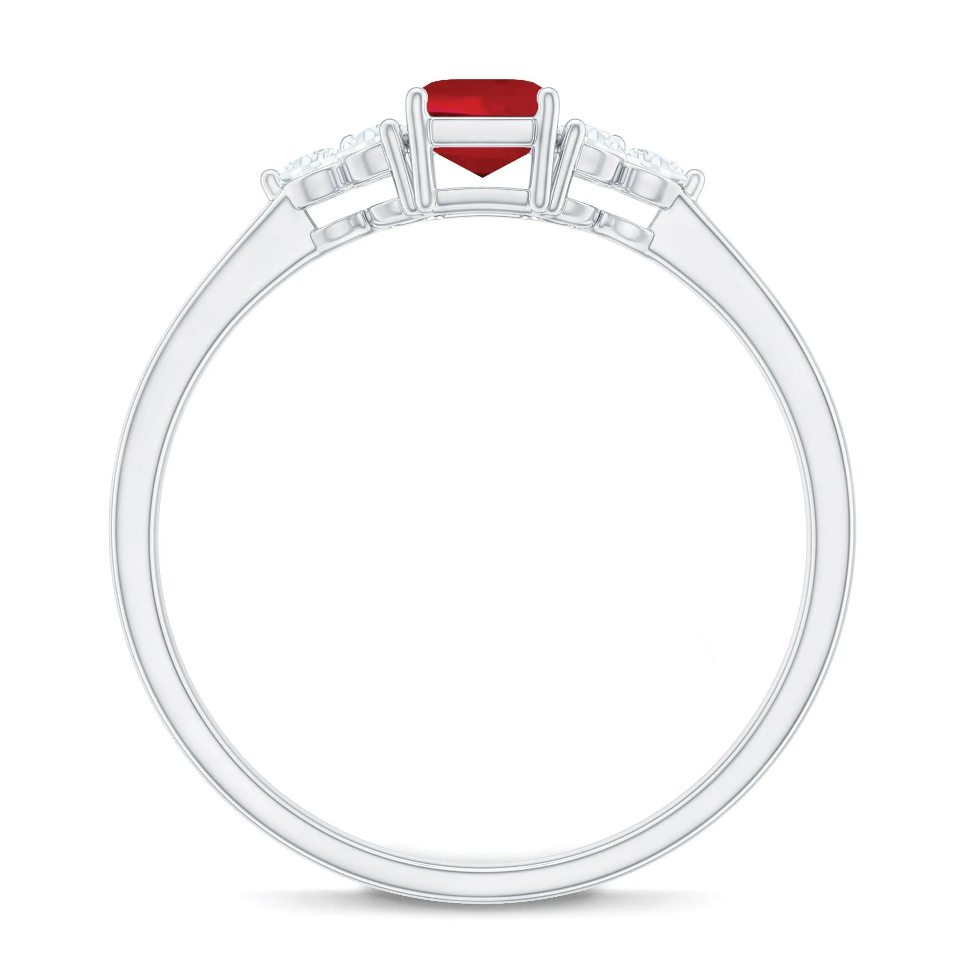 1 CT Octagon Cut Lab Grown Ruby Solitaire Ring with Diamond Trio