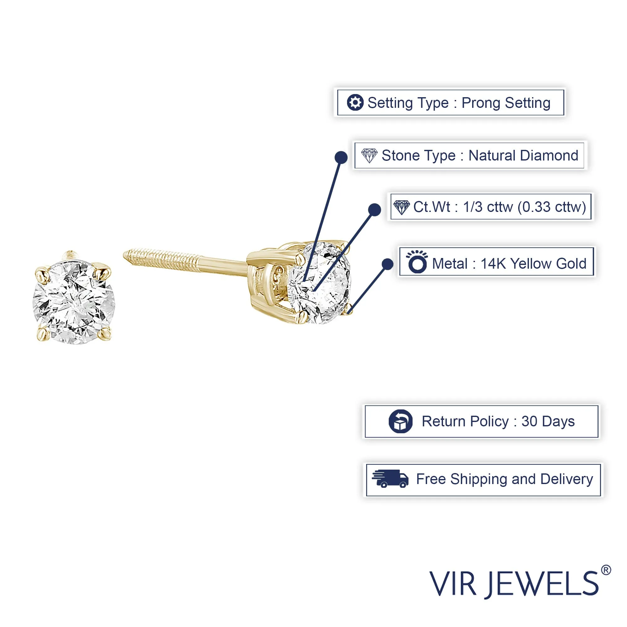 1/3 cttw VS1-VS2 Certified Diamond Stud Earrings 14K Yellow Gold Round Screw Backs