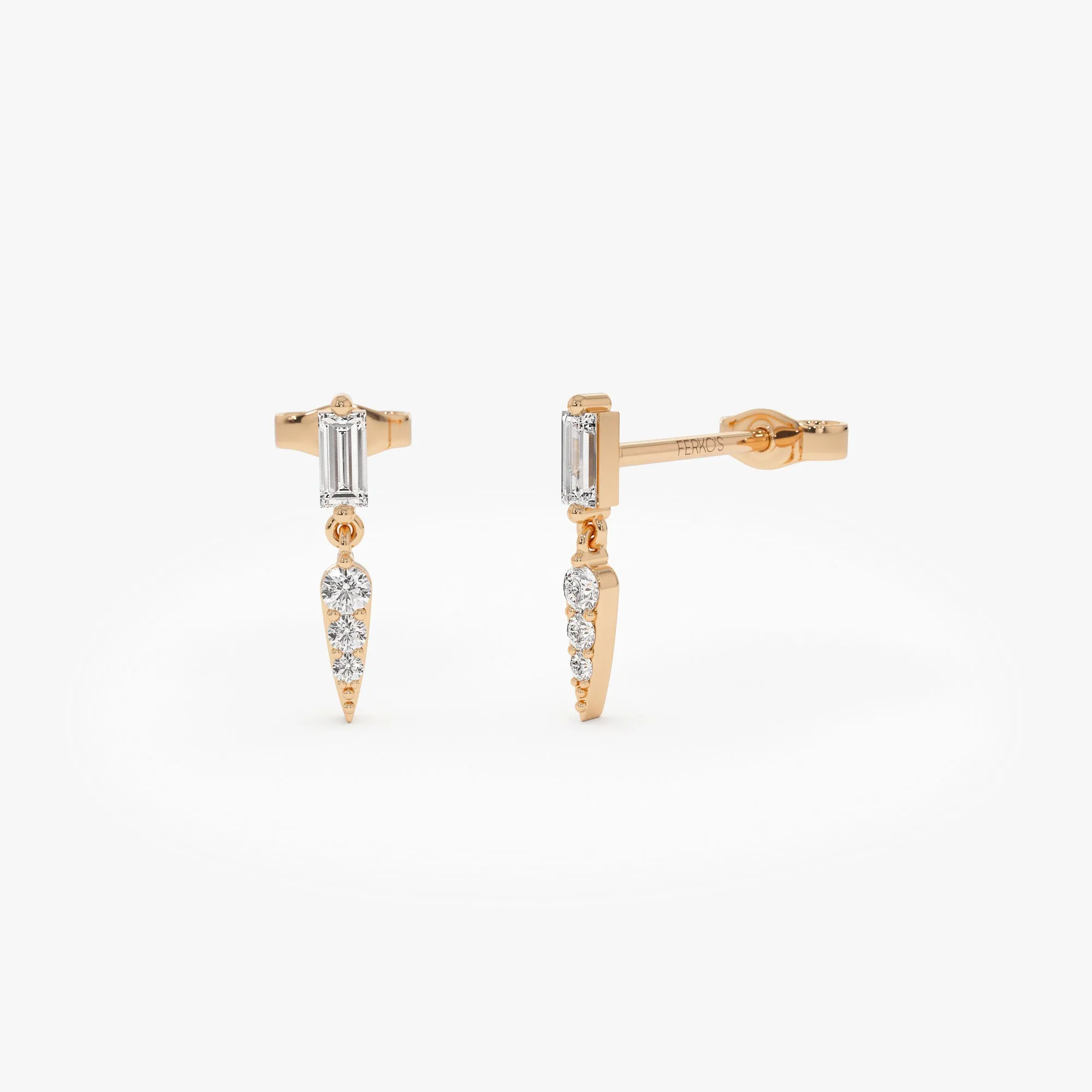 14k Baguette & Round Diamond Dangle Spike Earrings