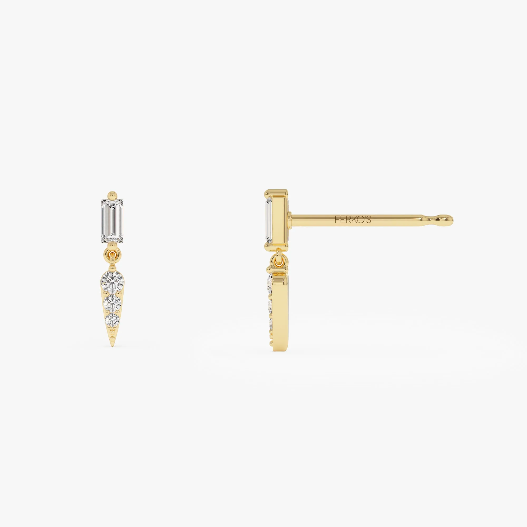 14k Baguette & Round Diamond Dangle Spike Earrings