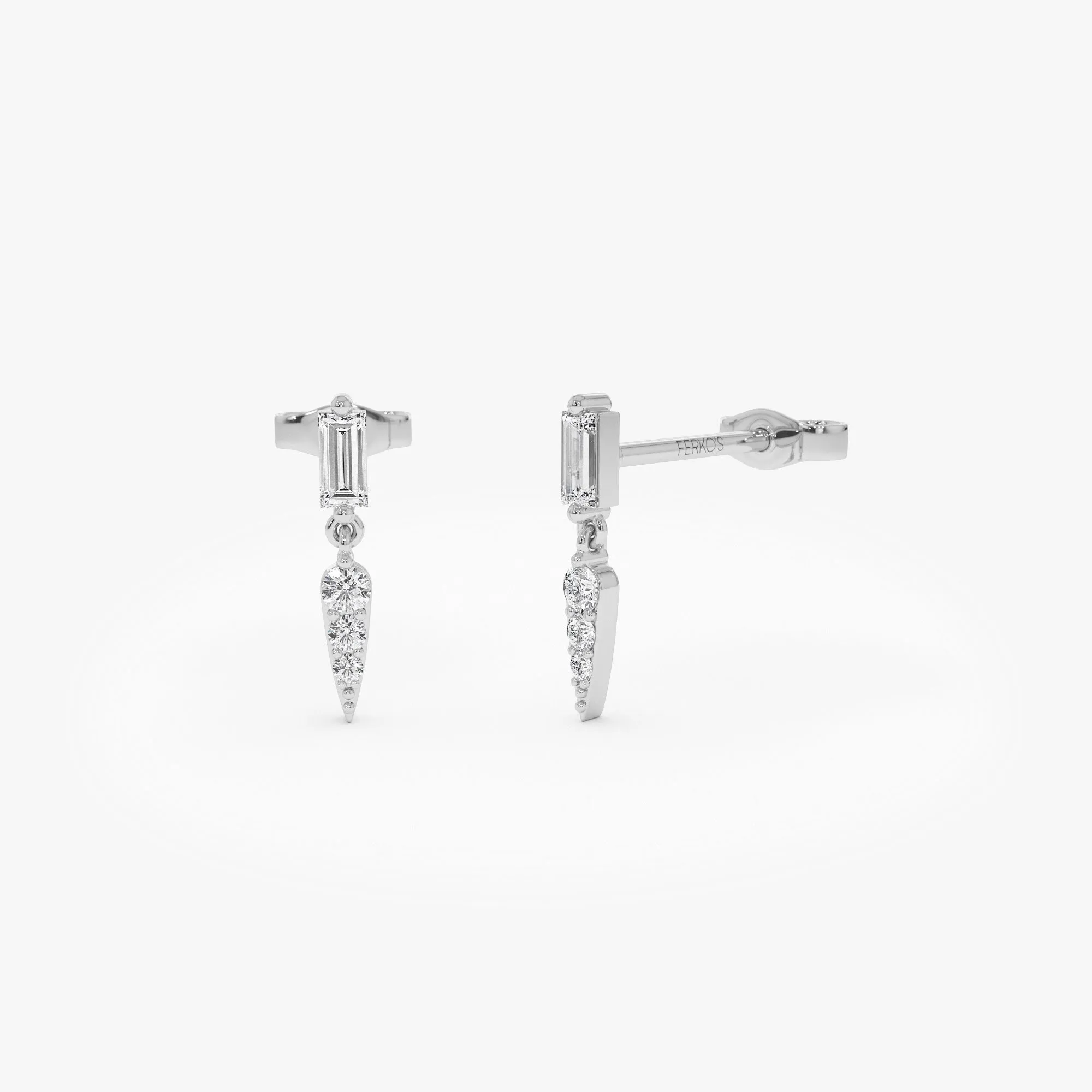 14k Baguette & Round Diamond Dangle Spike Earrings