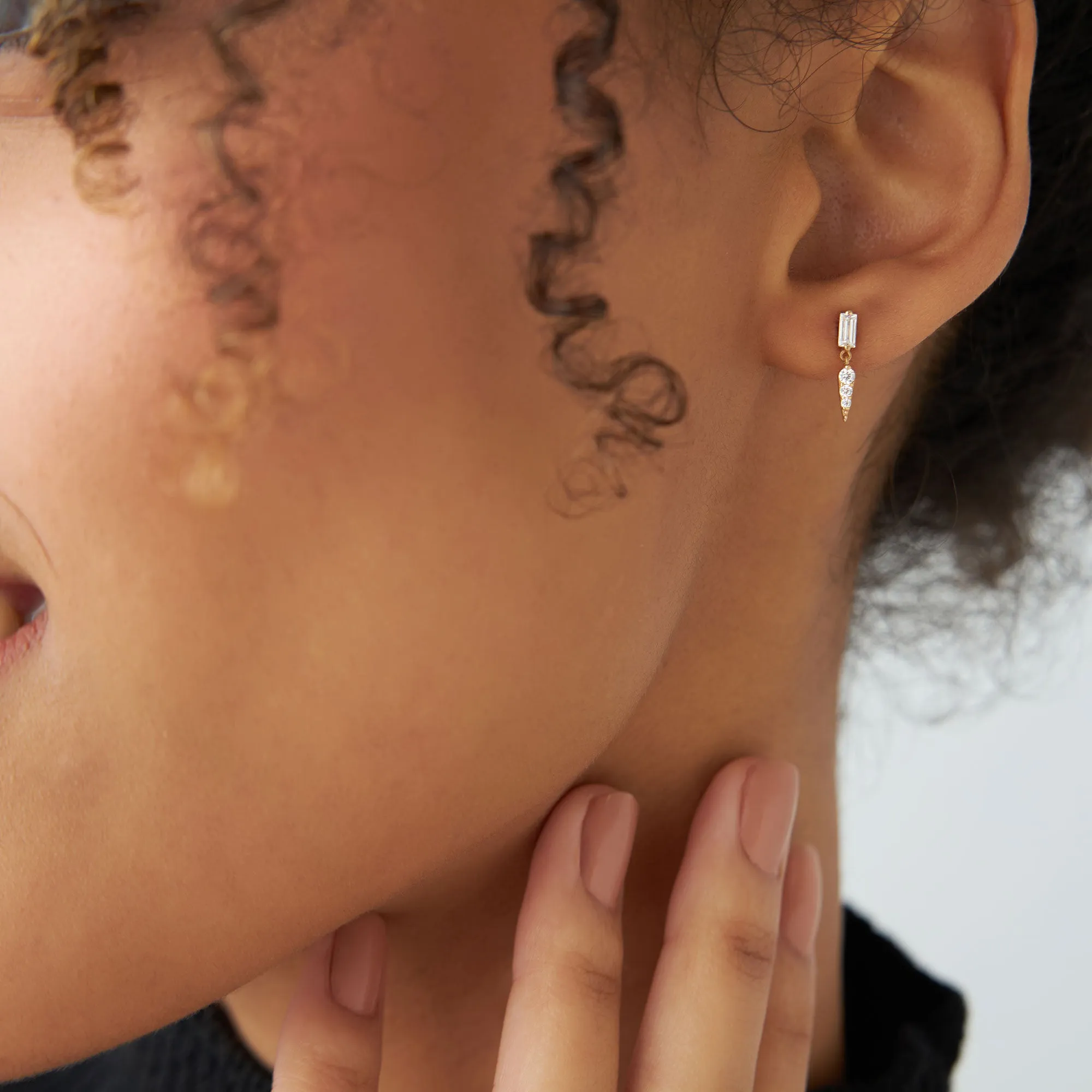14k Baguette & Round Diamond Dangle Spike Earrings