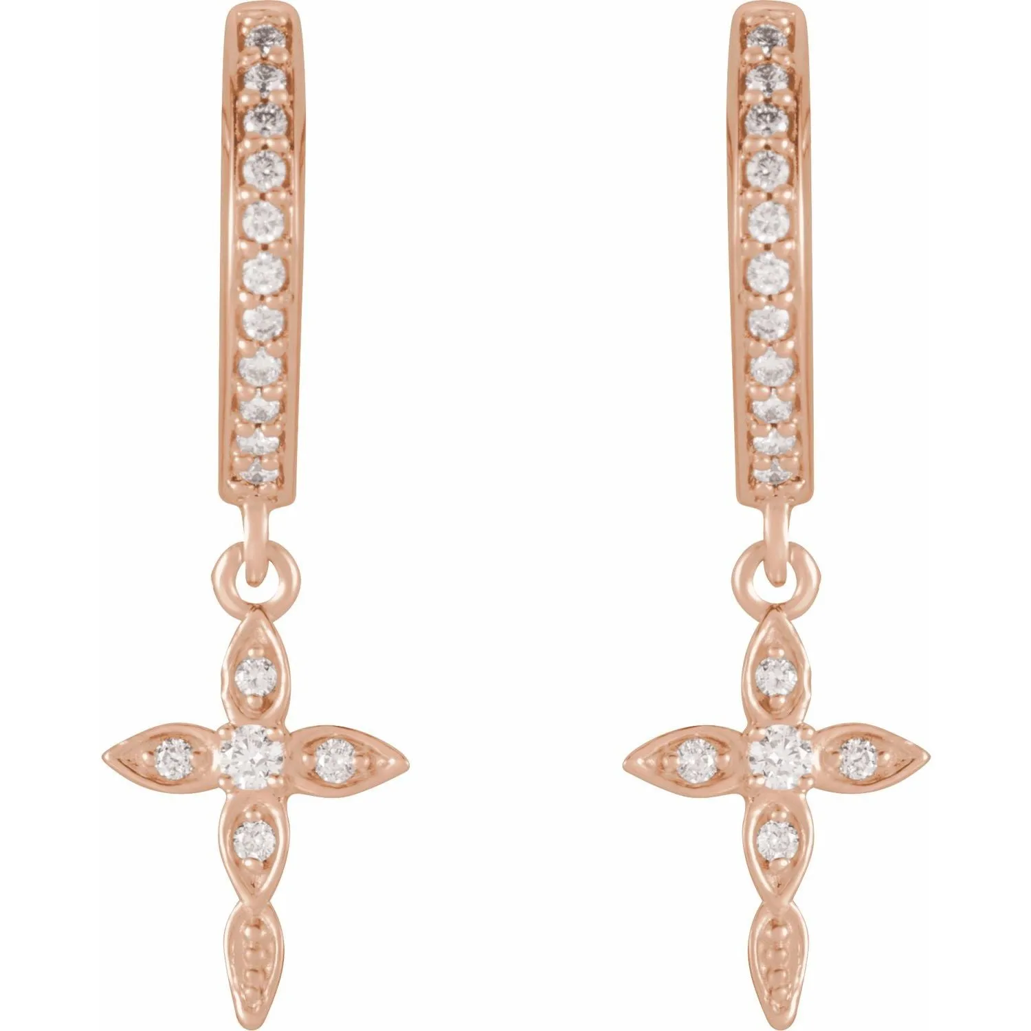 14K Rose Gold 1/8 CTW Natural Diamond Cross Hoop Earrings