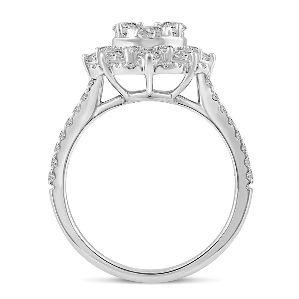 14K White Gold 1 1/2 Cttw  (I1-I2 Clarity) Diamond Floral Halo Engagement Bridal Ring