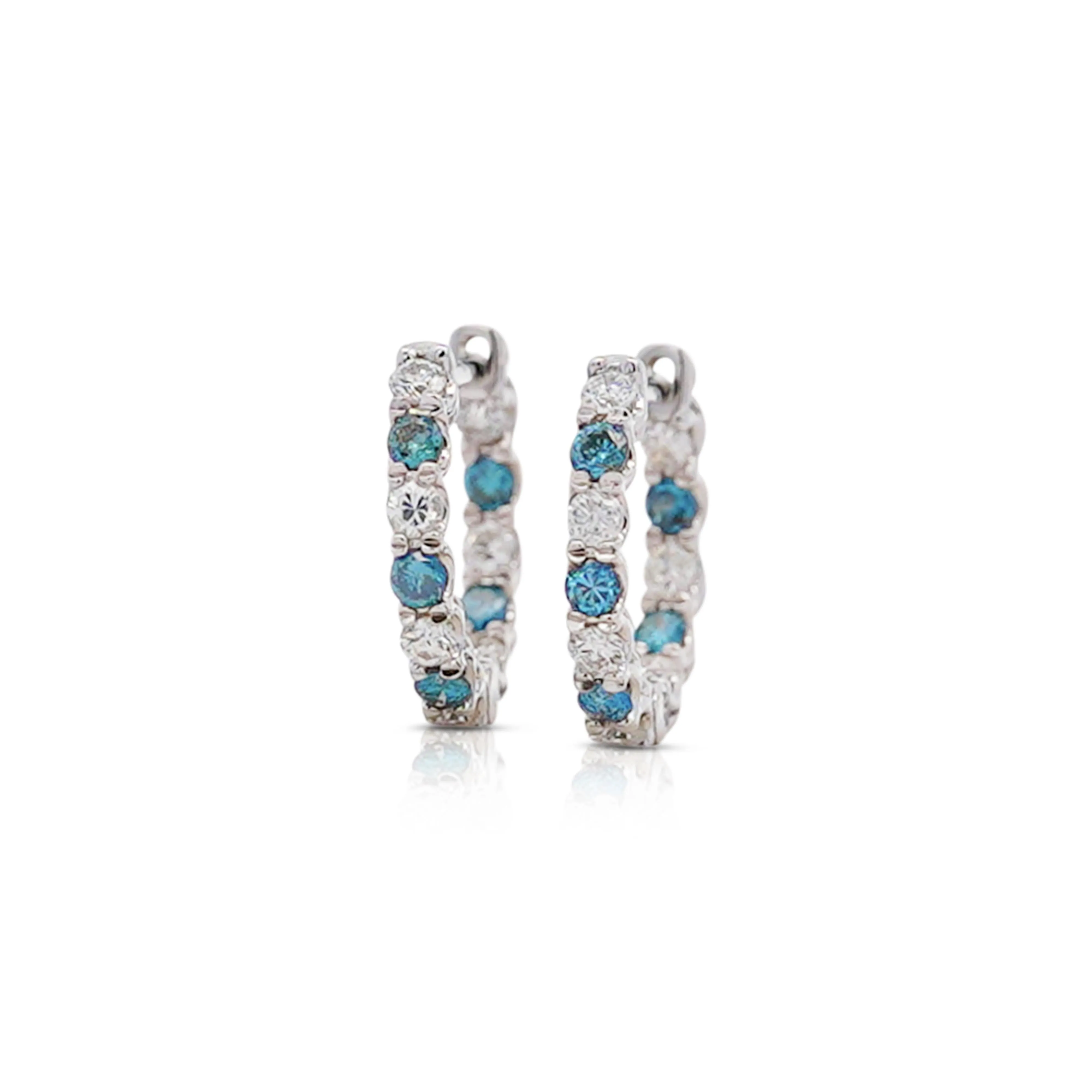 18K White Gold 0.56 CT Blue & White Diamond Inside Out Huggie Hoop Earrings