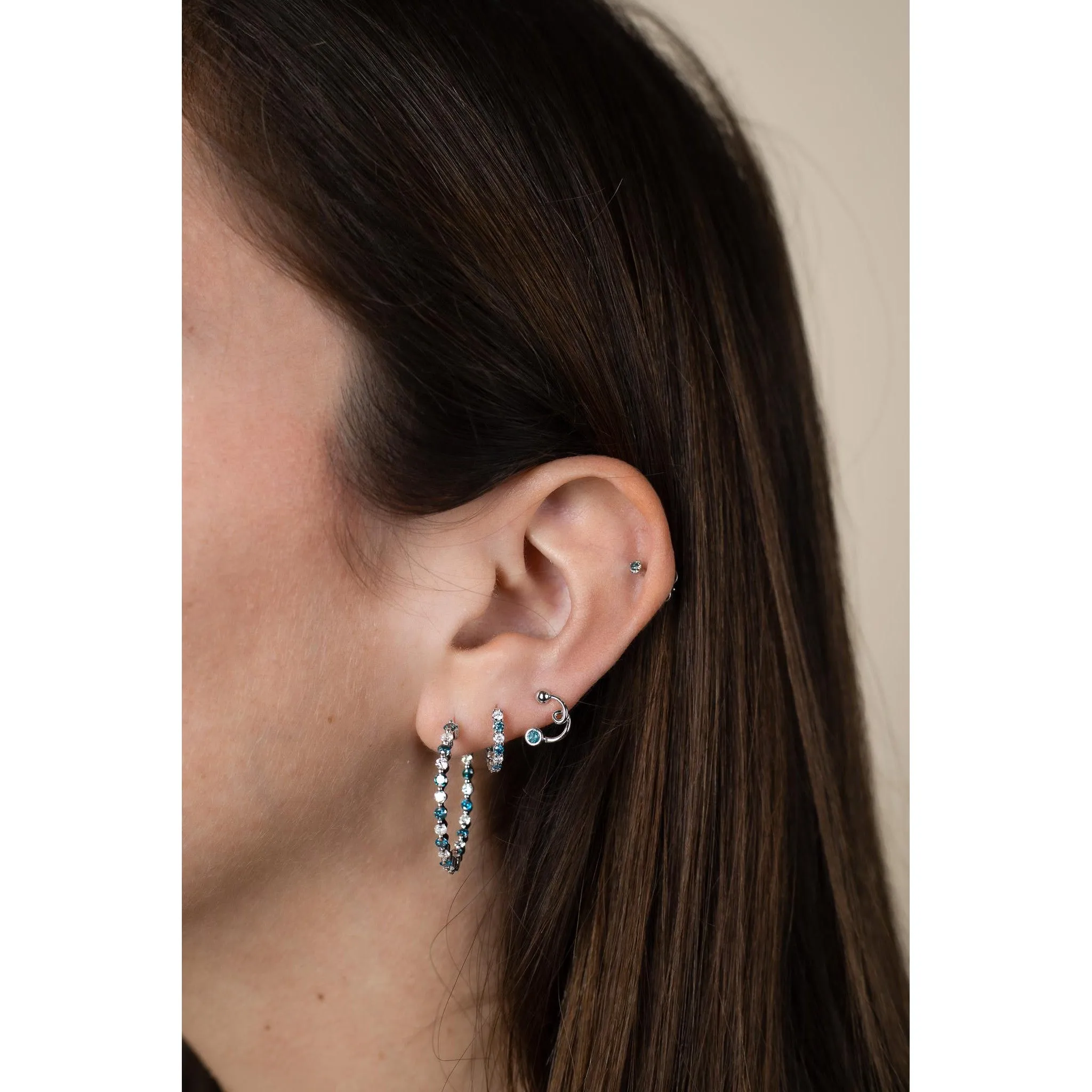 18K White Gold 0.56 CT Blue & White Diamond Inside Out Huggie Hoop Earrings