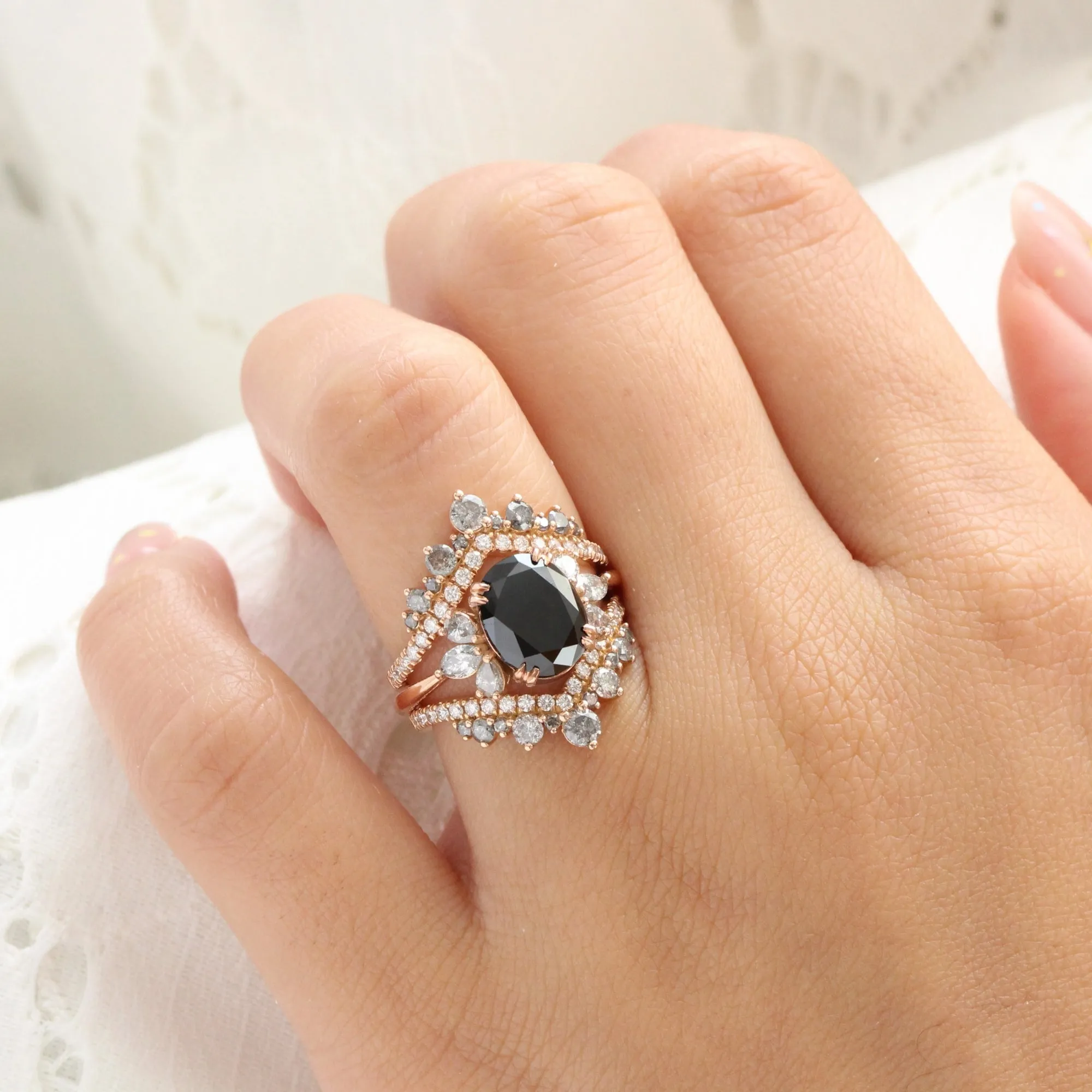 3.74 Ct Large Oval Black Diamond Ring in 14k Rose Gold 3 Stone Grey Diamond, Size 6.75