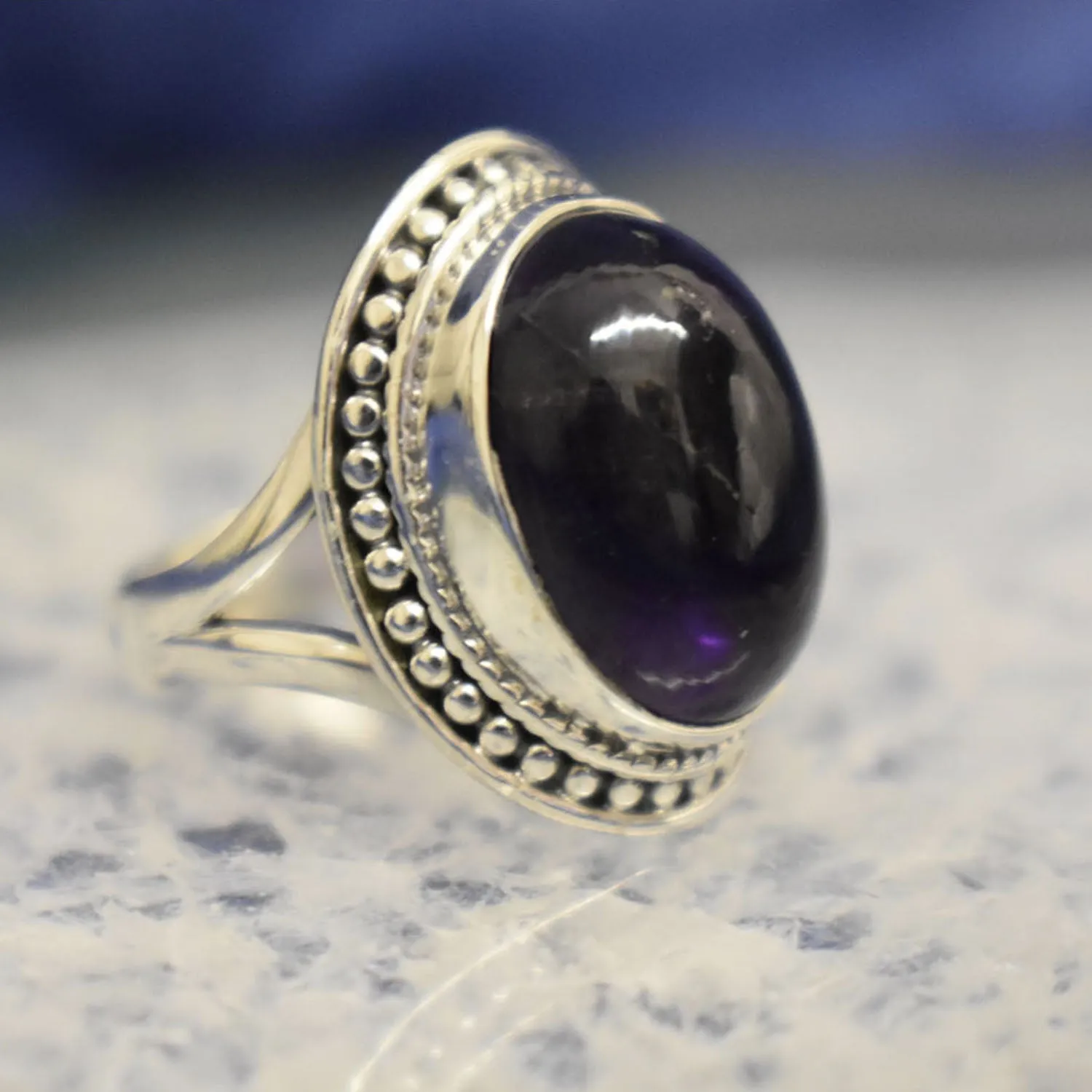 Amethyst Oval Dotted Ring (925) Sterling Silver