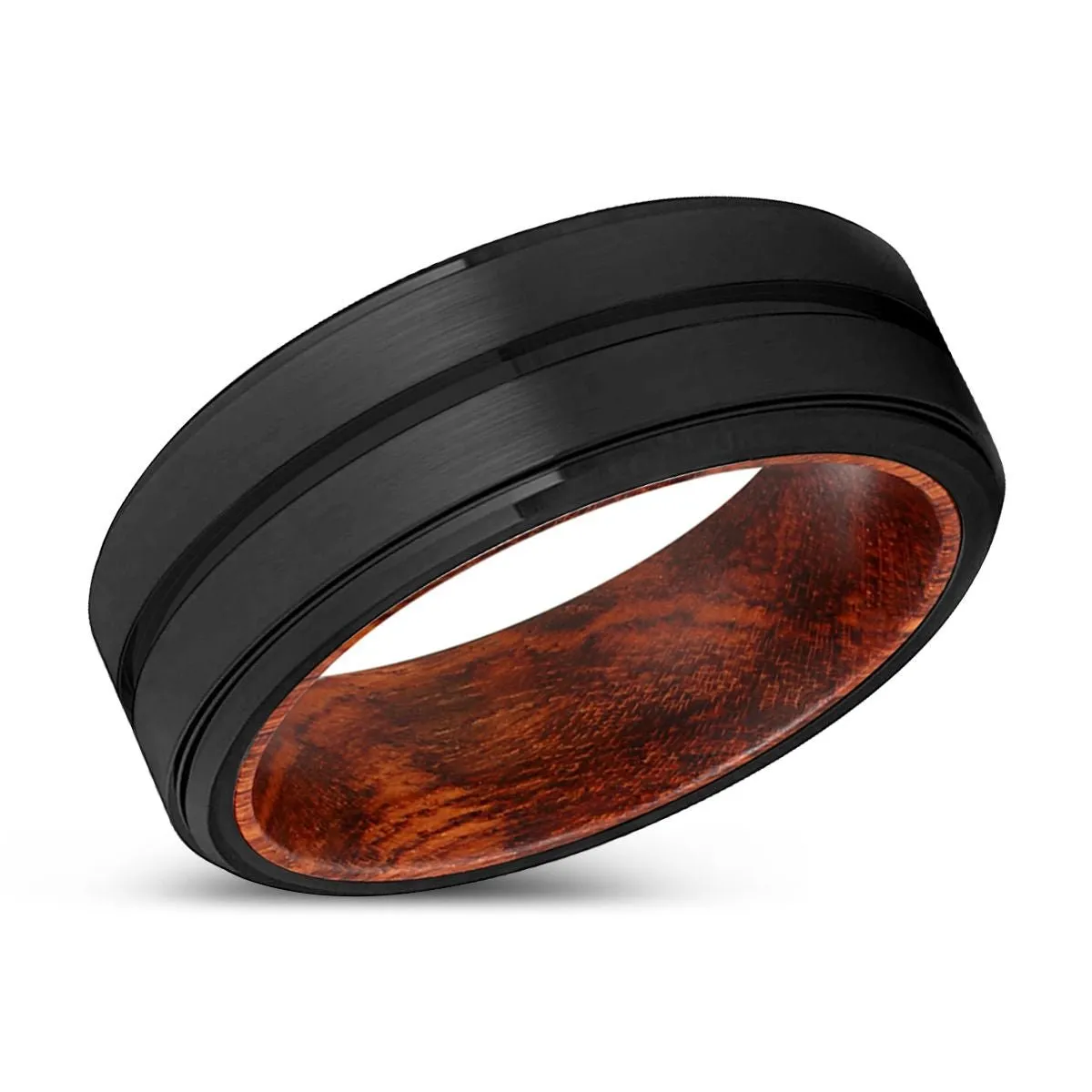 ASHTON | Snake Wood, Black Tungsten Ring, Grooved, Stepped Edge