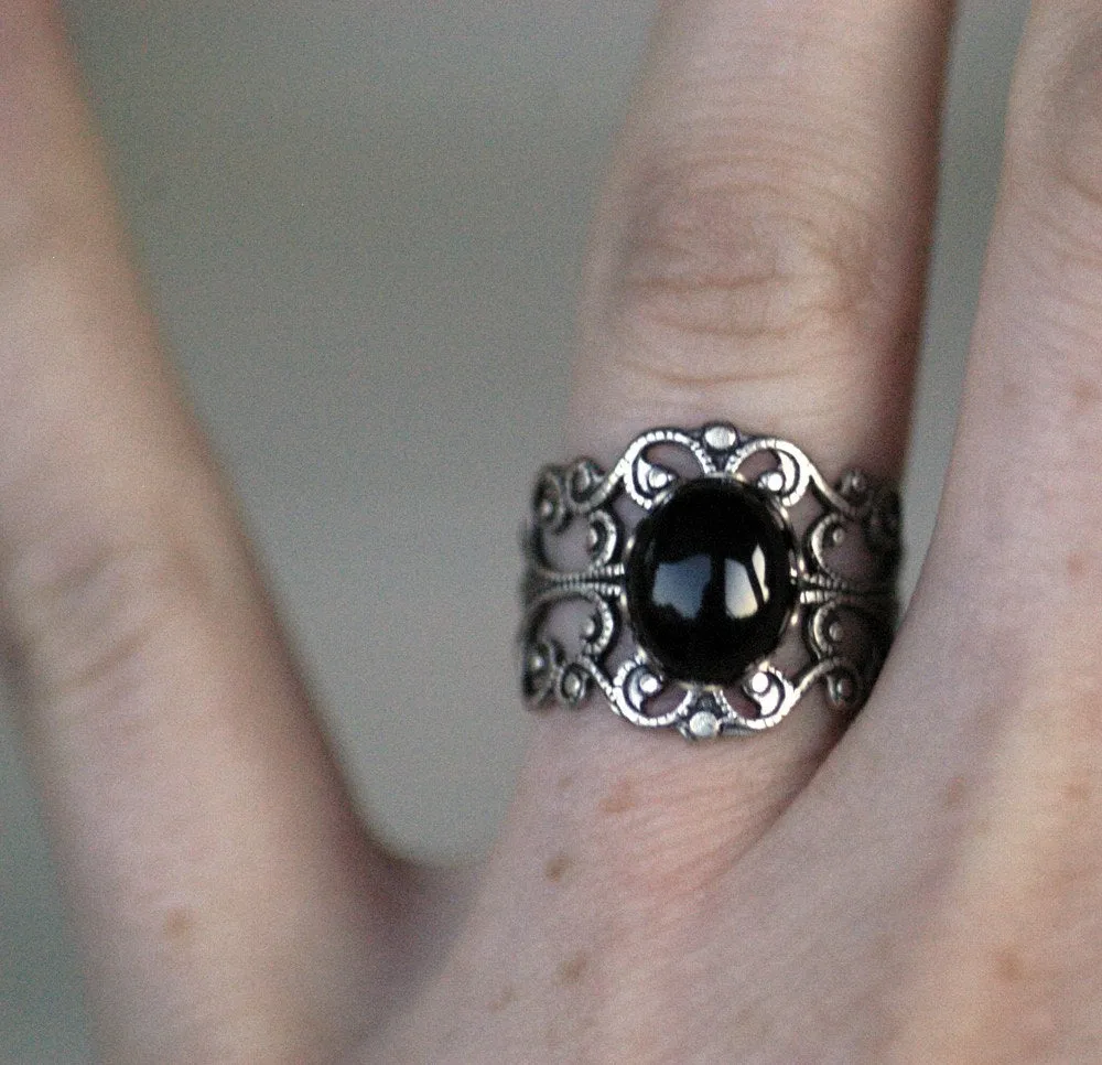 Black Onyx Stone Ring in Antique Brass