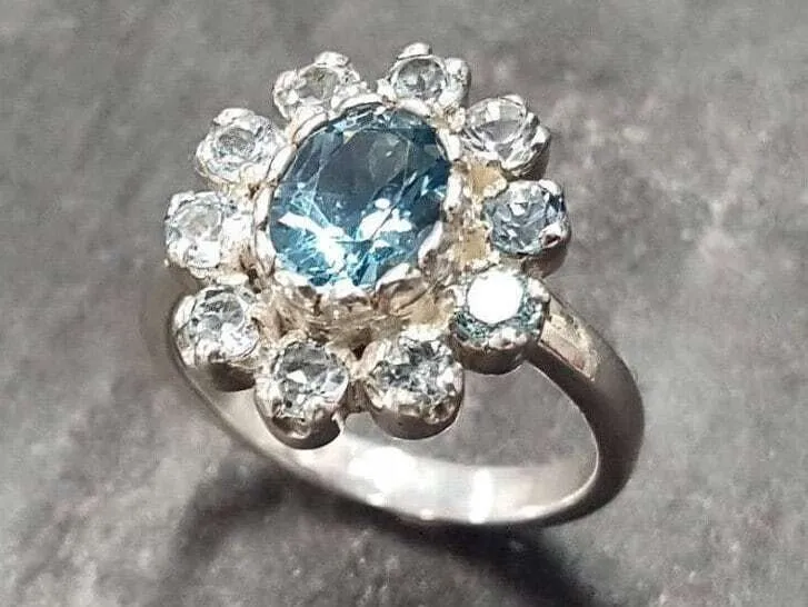 Blue Flower Ring - Genuine Blue Topaz Ring - Flower Statement Ring