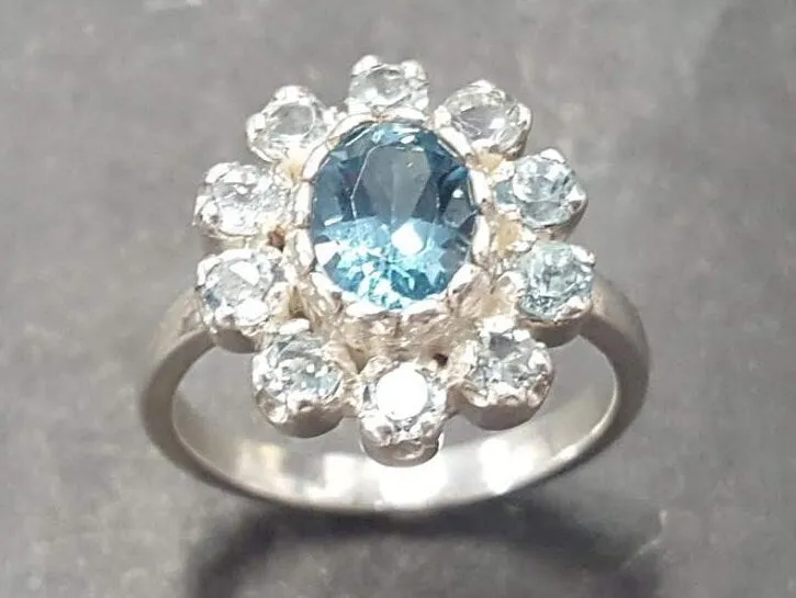 Blue Flower Ring - Genuine Blue Topaz Ring - Flower Statement Ring