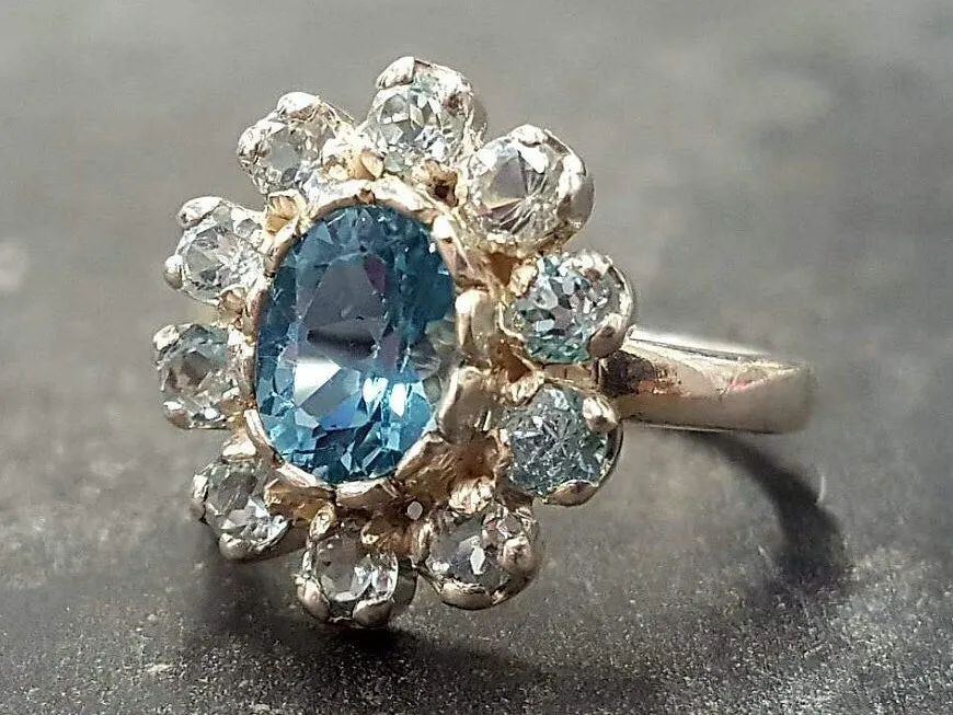 Blue Flower Ring - Genuine Blue Topaz Ring - Flower Statement Ring