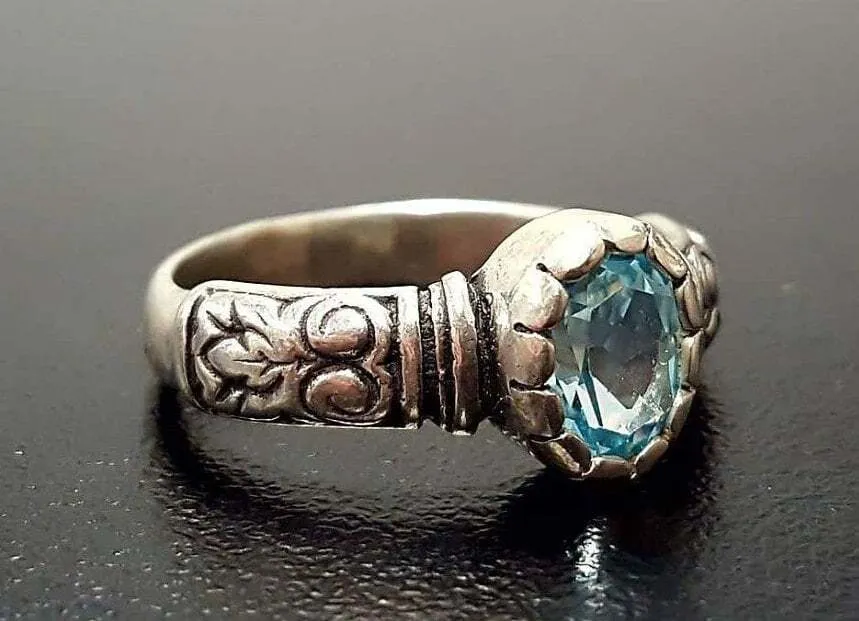 Blue Topaz Boho Ring - Oval Blue Topaz Ring - Solitaire Blue Topaz Band