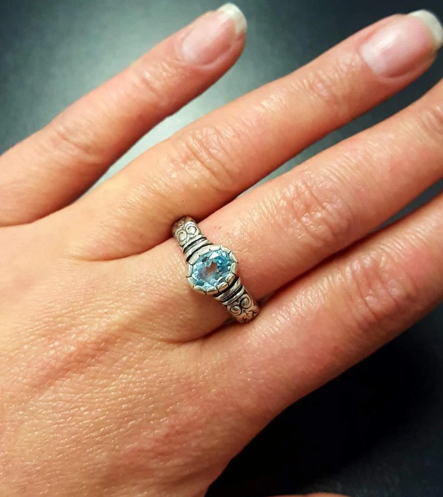 Blue Topaz Boho Ring - Oval Blue Topaz Ring - Solitaire Blue Topaz Band