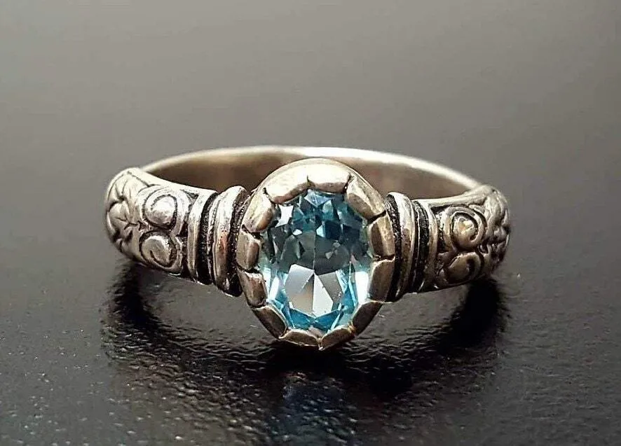Blue Topaz Boho Ring - Oval Blue Topaz Ring - Solitaire Blue Topaz Band
