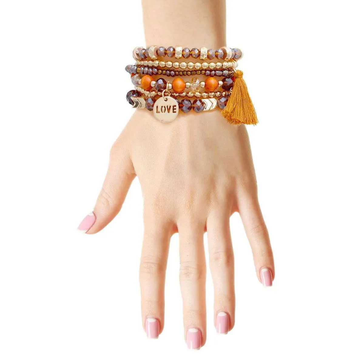 Brown Stretch Bracelet Set Tassel Love Charm