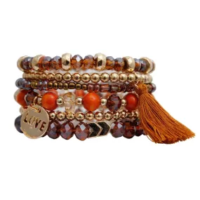 Brown Stretch Bracelet Set Tassel Love Charm