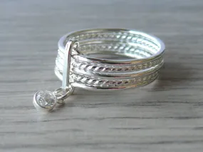 Cubic zirconia dangle charm ring • Sterling silver attached stacking rings set