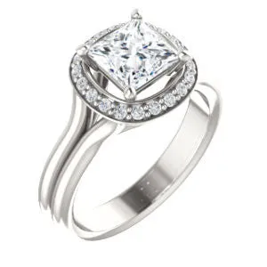 Cubic Zirconia Engagement Ring- The Bebi (Customizable Cathedral-Halo Princess Cut Design with Wide Split Band)