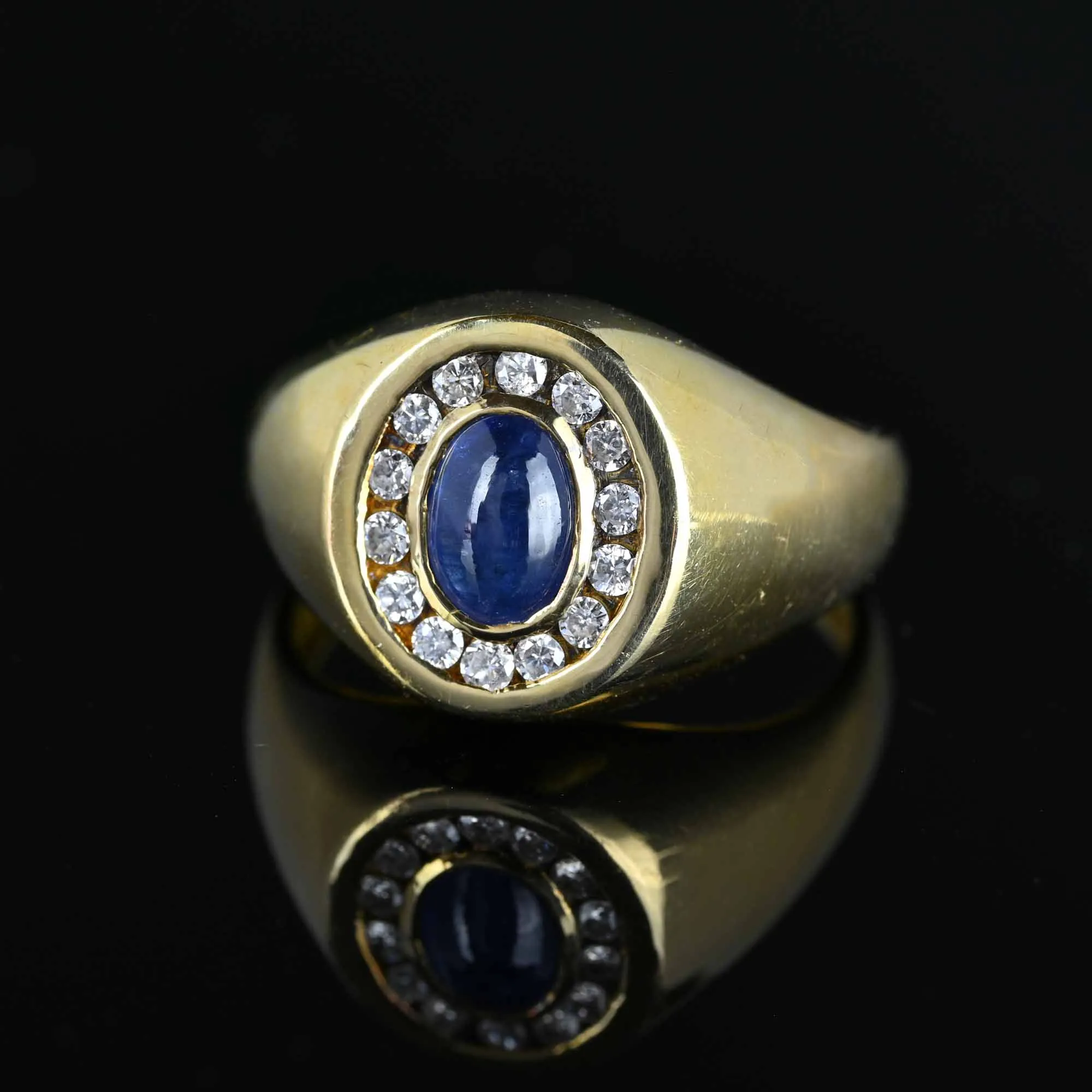 Diamond Halo Sapphire Cabochon Signet Ring in 14K Gold