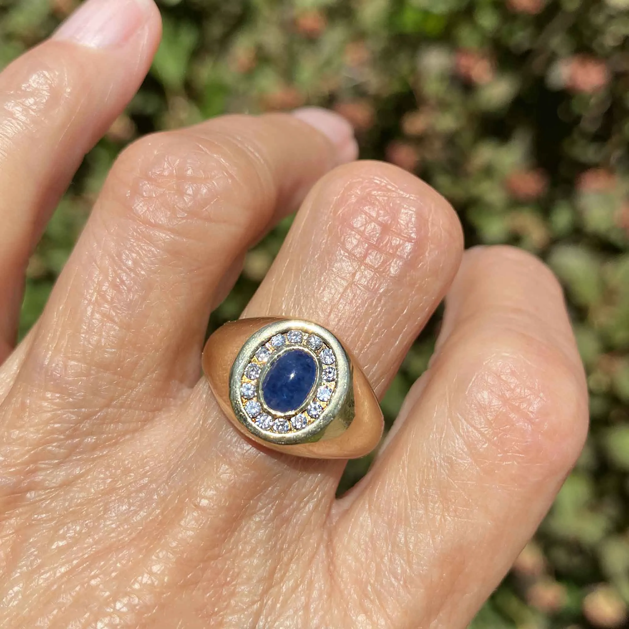 Diamond Halo Sapphire Cabochon Signet Ring in 14K Gold