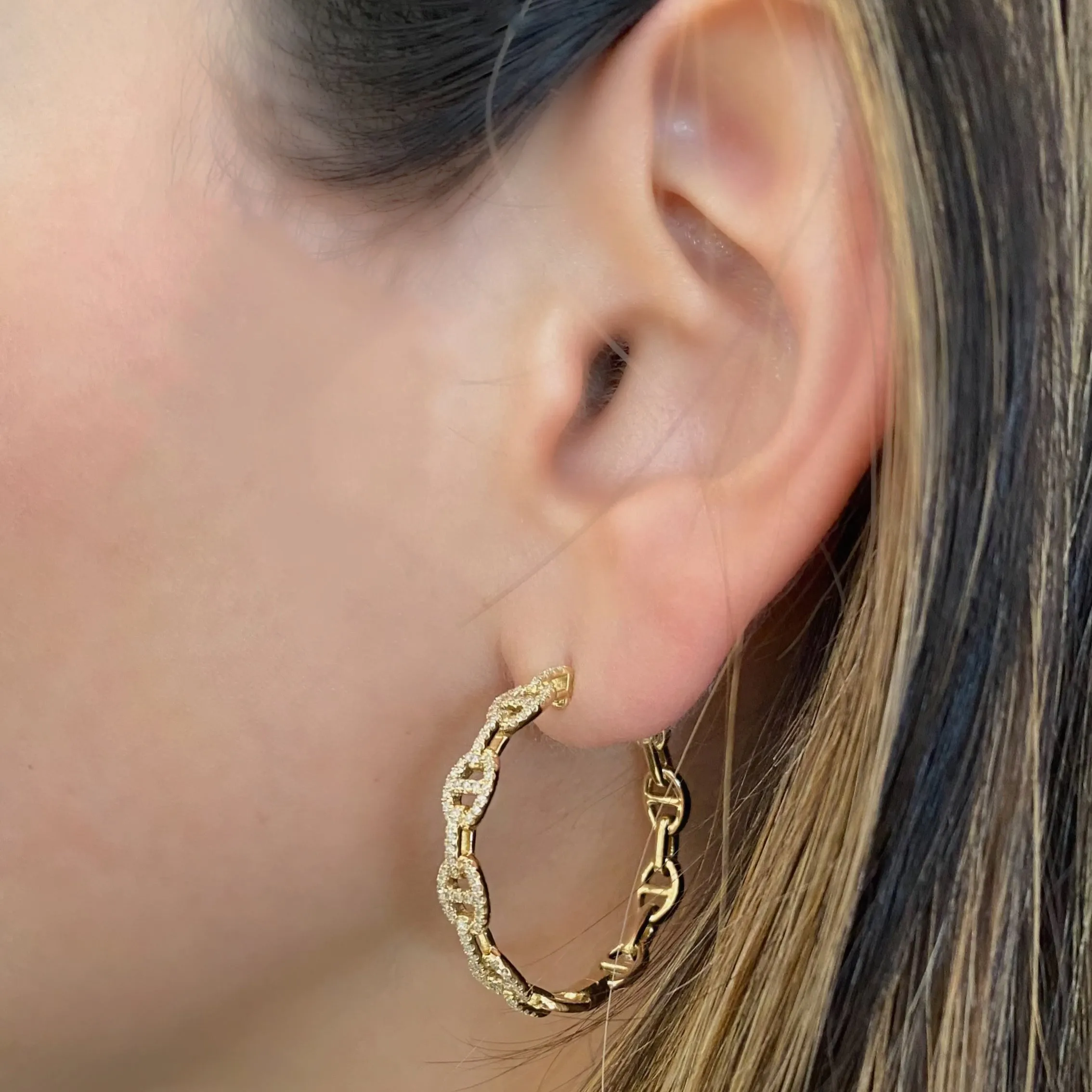 Diamond Oval Link Hoop Earrings