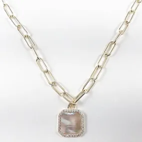 Elegant Link Square Mother Of Pearl Dangle Pendant Gold Tone Brass Necklace