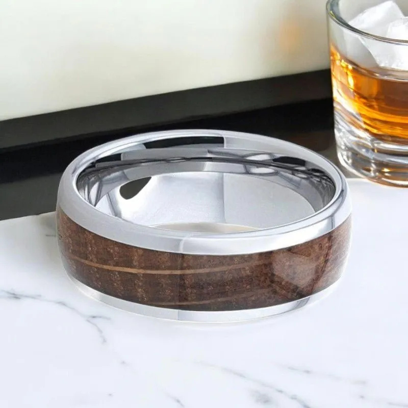 FORMENT | Silver Tungsten Ring, Whiskey Barrel Inlay, Domed Polished Edges