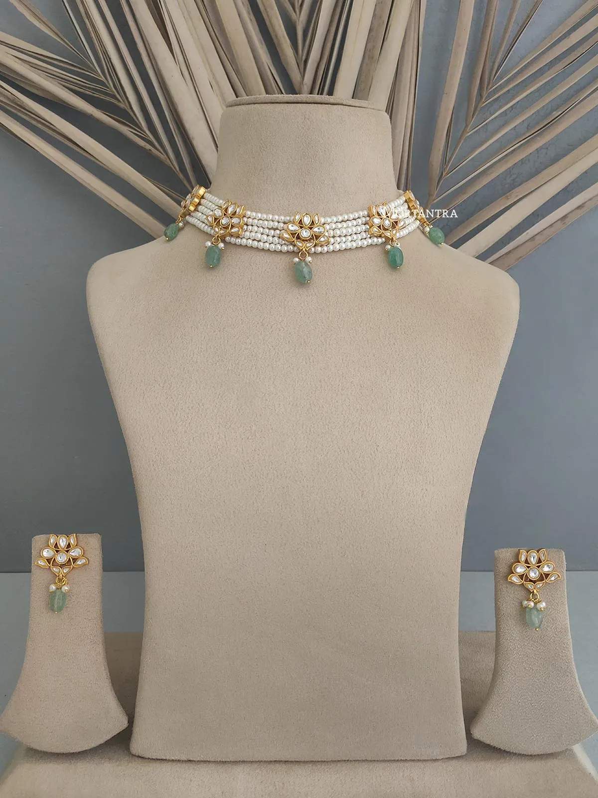Green Color Gold Plated Thappa Jadau Kundan Necklace Set - TJ-S94