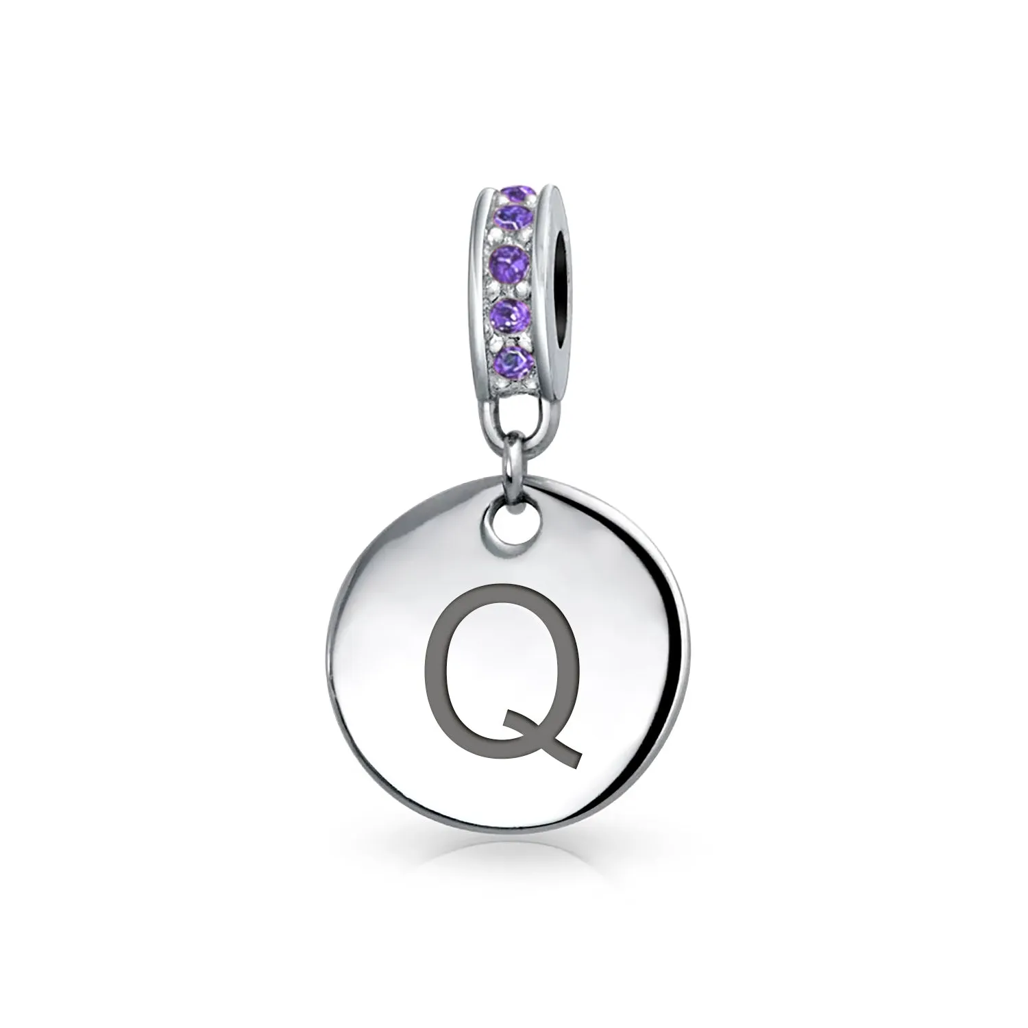 Initial Alphabet Bead Charm Purple Crystal Accent Sterling Silver Amethyst Bead