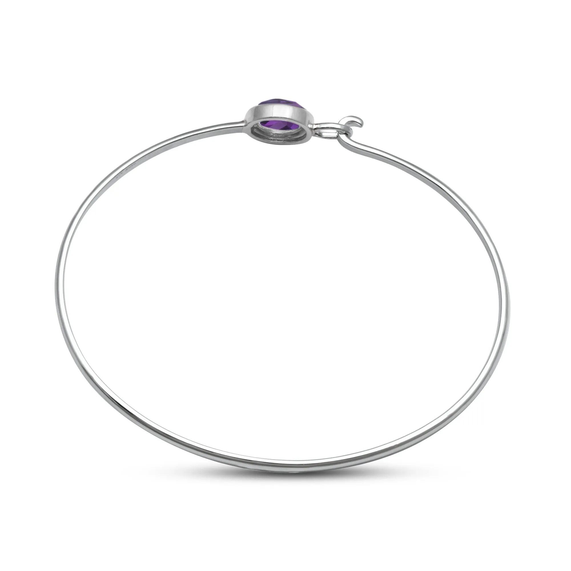 Jewelili Sterling Silver With Round Amethyst Bangle Bracelet