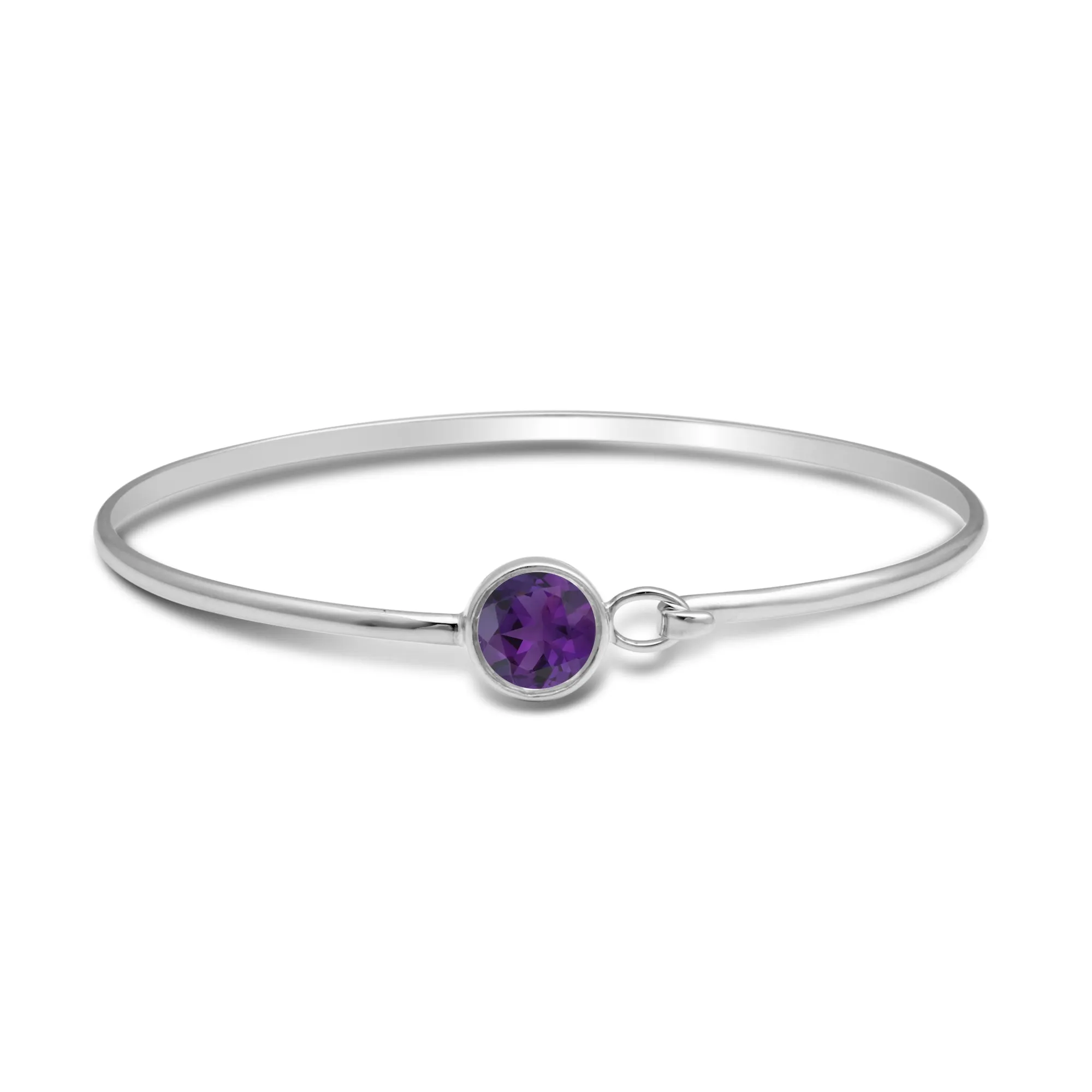 Jewelili Sterling Silver With Round Amethyst Bangle Bracelet