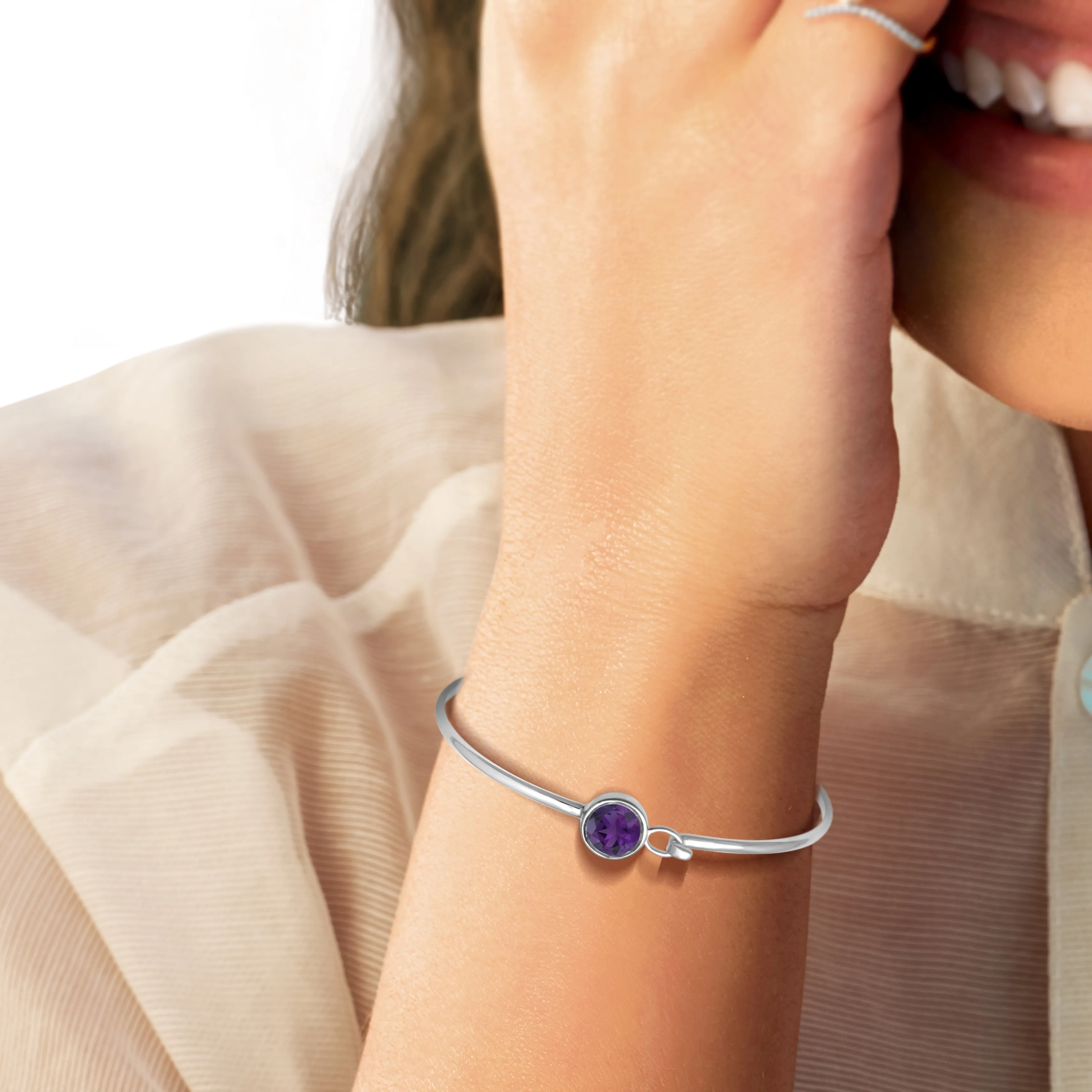 Jewelili Sterling Silver With Round Amethyst Bangle Bracelet