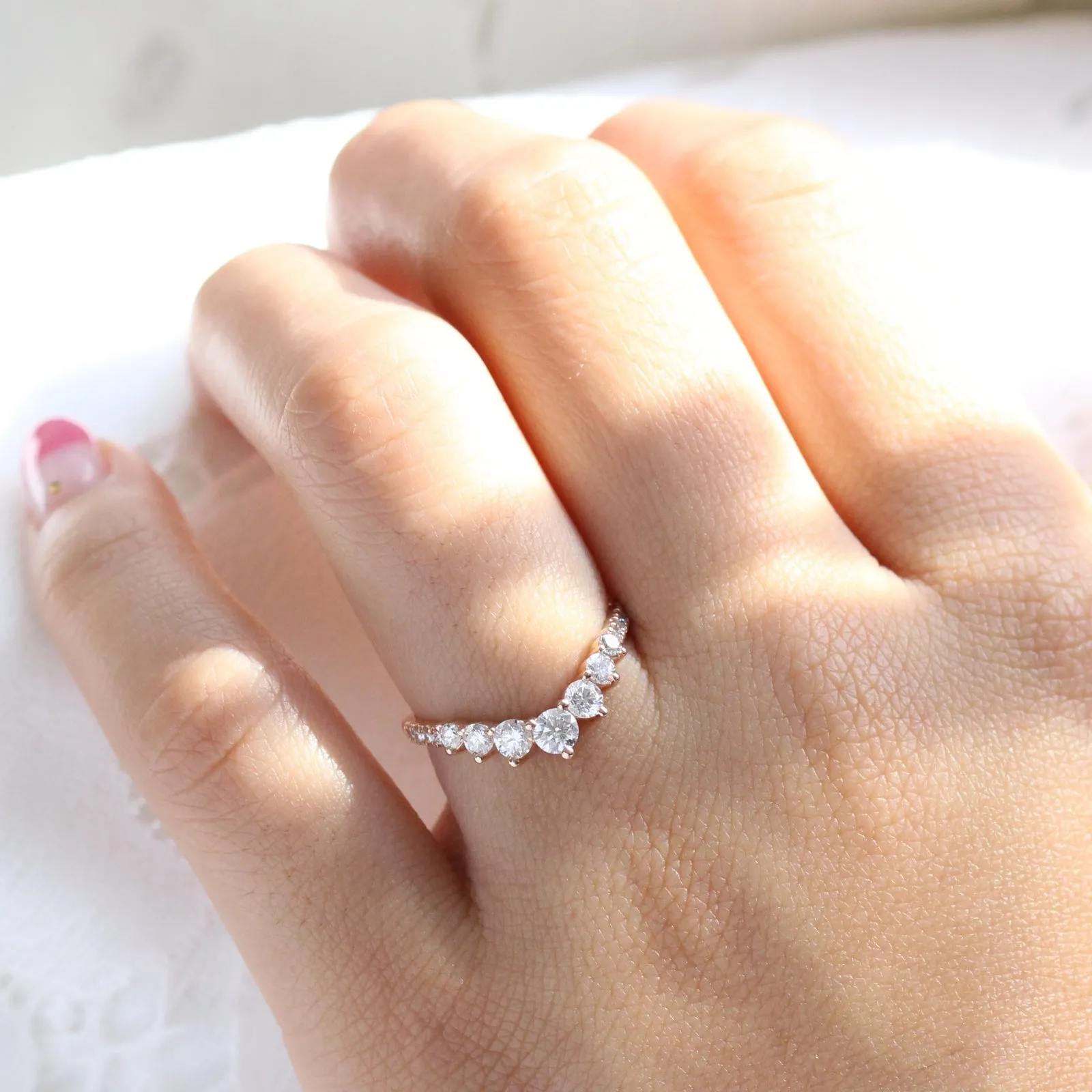 Large 7 Diamond Wedding Ring in Curved Contour Pave Band
