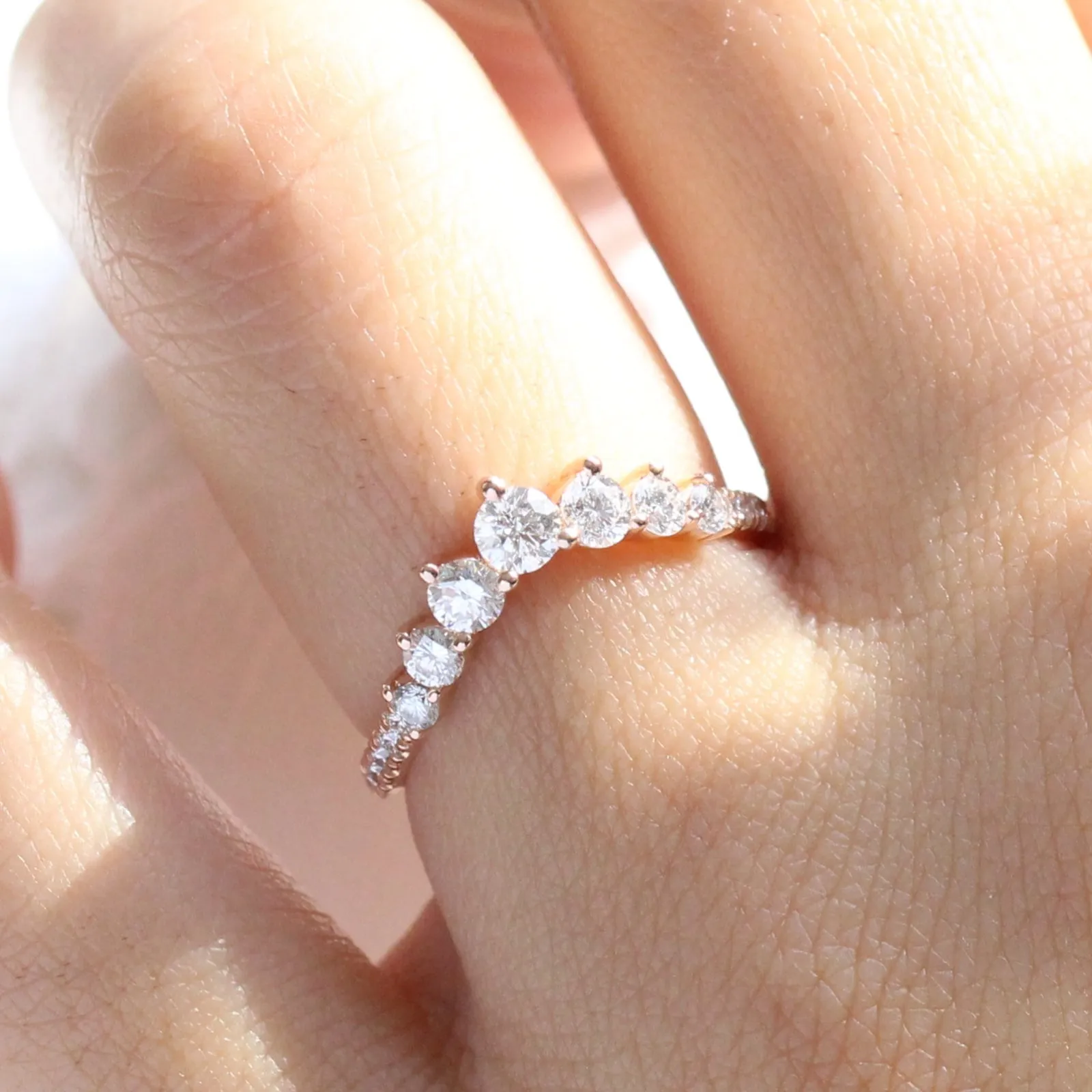 Large 7 Diamond Wedding Ring in Curved Contour Pave Band