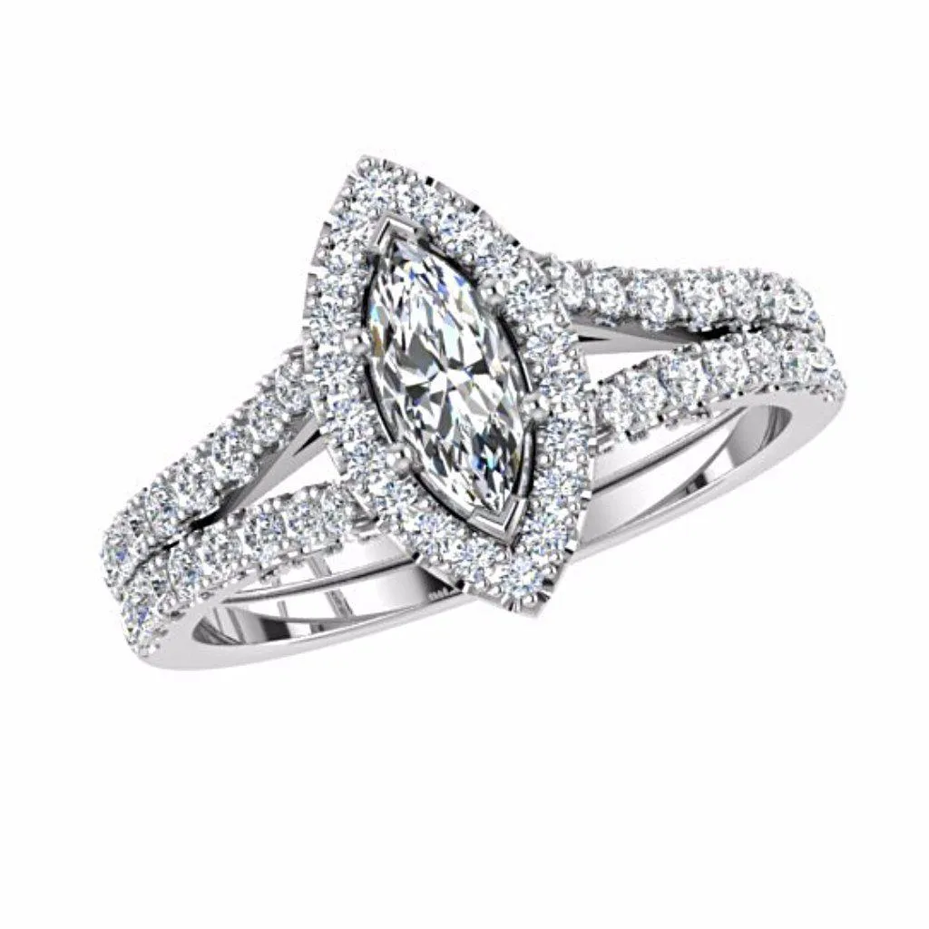 Marquise Halo Diamond Split Shank Engagement Ring 18K Gold