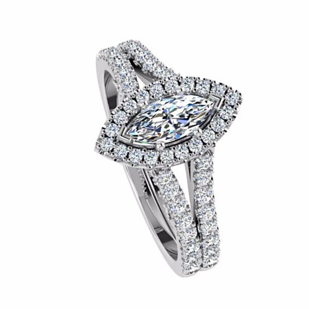 Marquise Halo Diamond Split Shank Engagement Ring 18K Gold