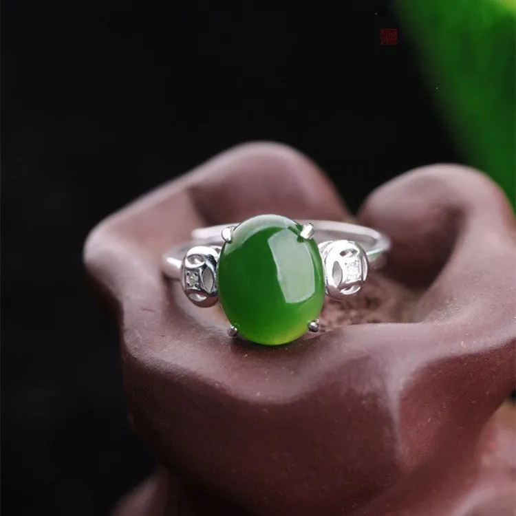 Natural Jade Ring Nephrite Silver Adjustable Ring ZNRG103