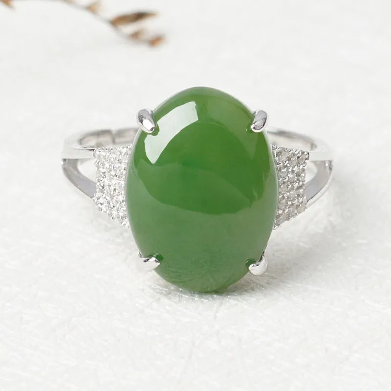 Natural Jade Ring Nephrite Silver Zircon Adjustable Ring ZNRG132