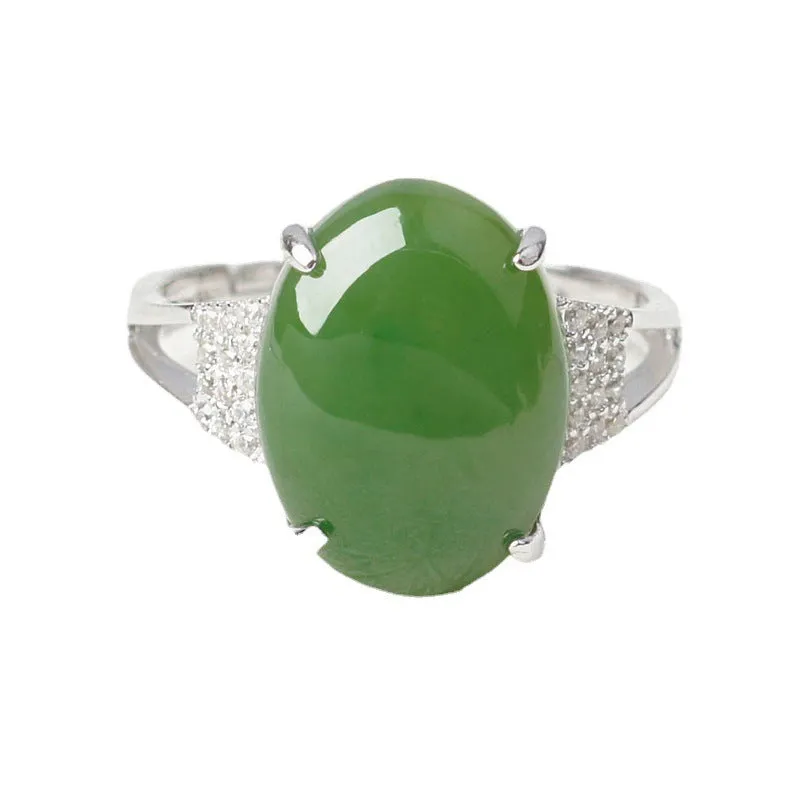 Natural Jade Ring Nephrite Silver Zircon Adjustable Ring ZNRG132