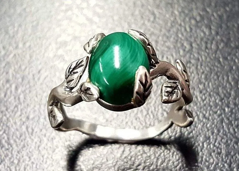 Natural Malachite Ring - Green Solitaire Ring - Vintage Leaf Ring
