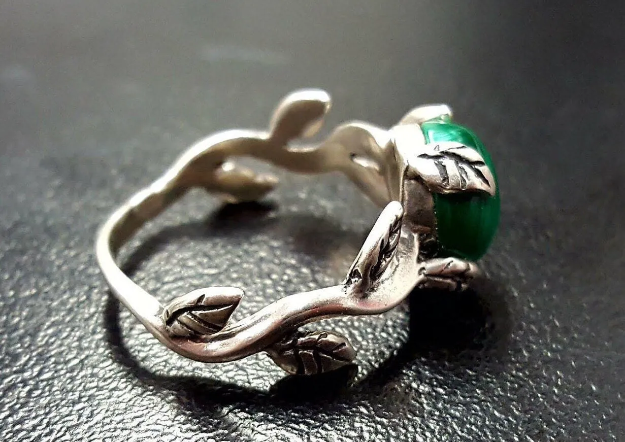 Natural Malachite Ring - Green Solitaire Ring - Vintage Leaf Ring