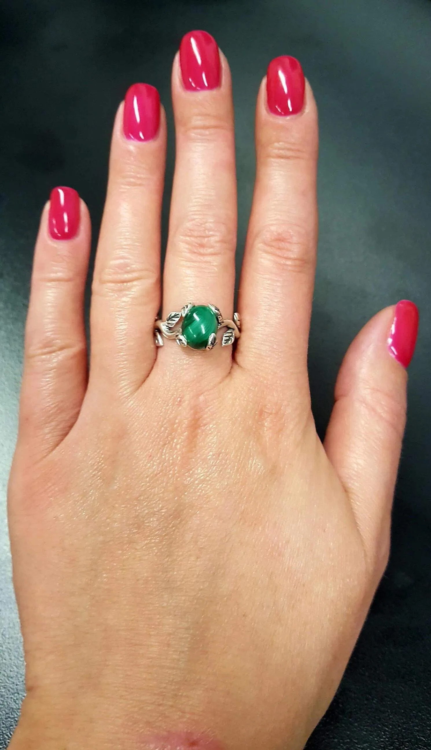 Natural Malachite Ring - Green Solitaire Ring - Vintage Leaf Ring