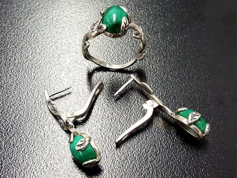 Natural Malachite Ring - Green Solitaire Ring - Vintage Leaf Ring