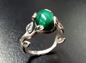 Natural Malachite Ring - Green Solitaire Ring - Vintage Leaf Ring