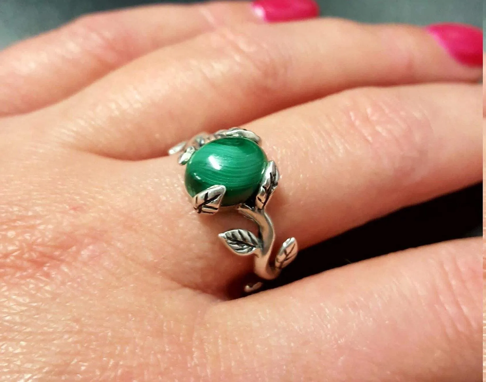 Natural Malachite Ring - Green Solitaire Ring - Vintage Leaf Ring