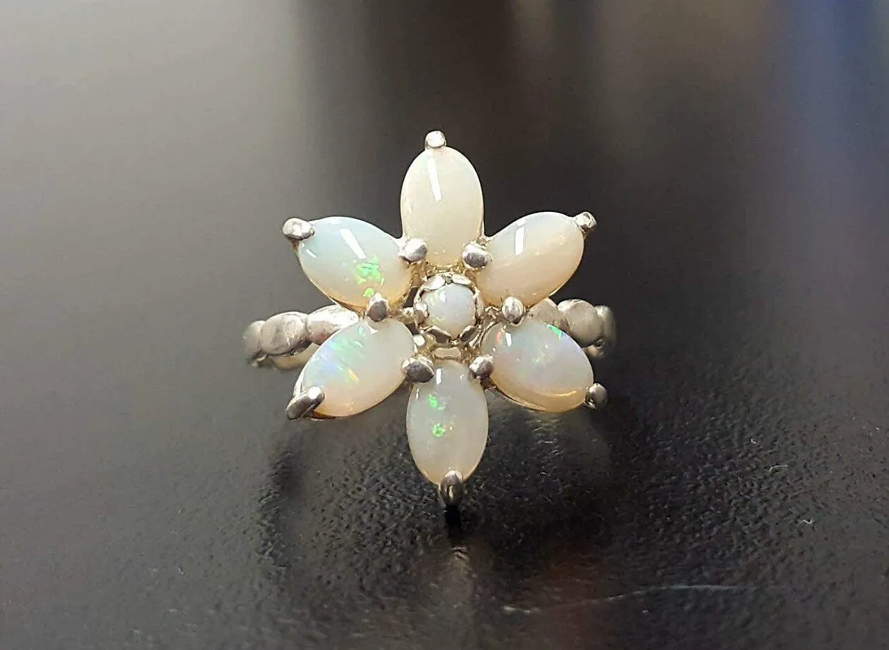 Opal Flower Ring - White Daisy Ring - October Birthstone Ring