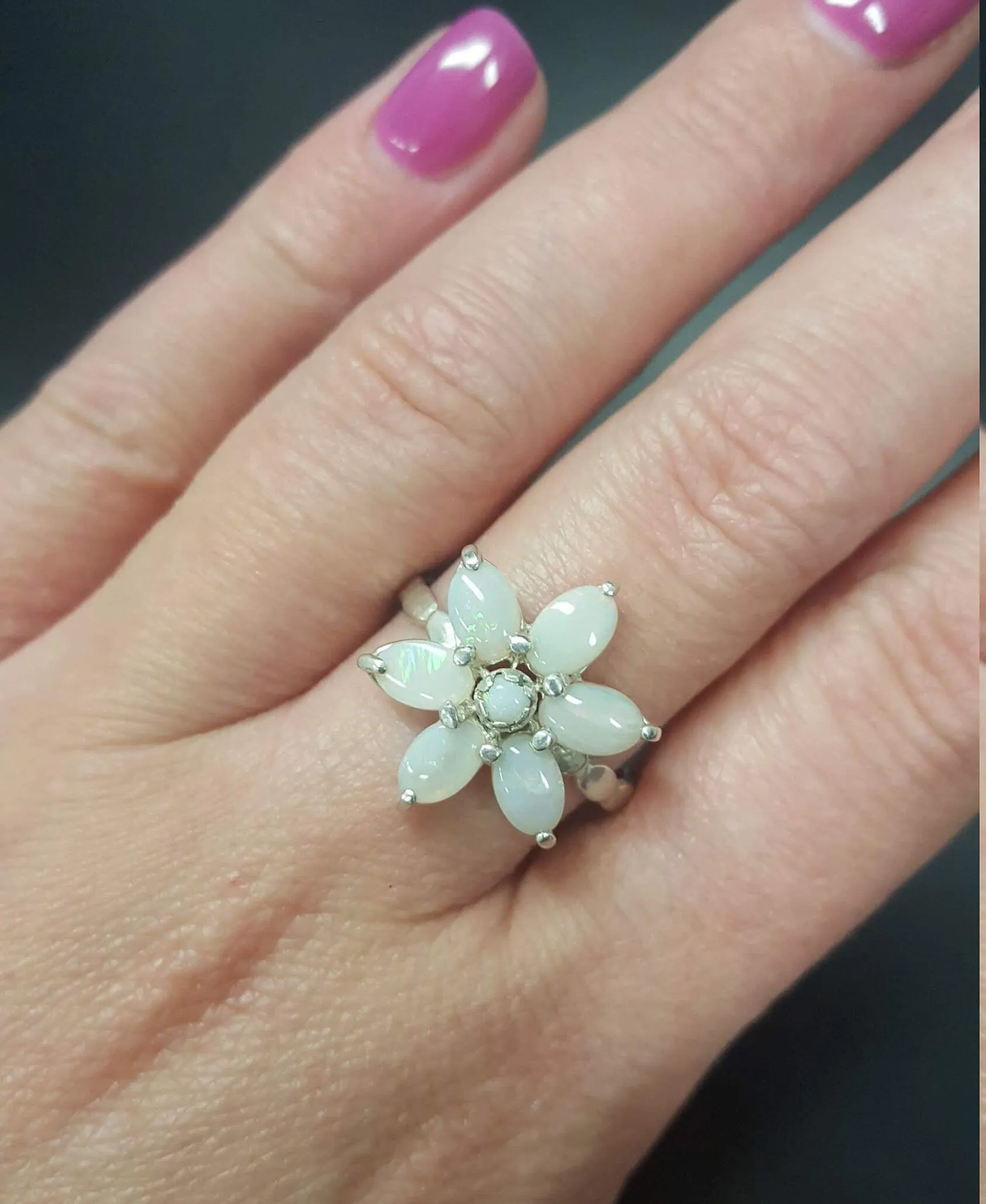 Opal Flower Ring - White Daisy Ring - October Birthstone Ring