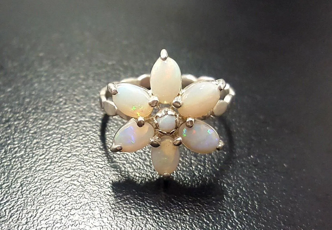 Opal Flower Ring - White Daisy Ring - October Birthstone Ring